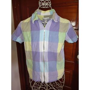 5/$25 Sz Sm Lavender Green Yellow Plaid Zipper Front Jacket Blazer Top Pockets